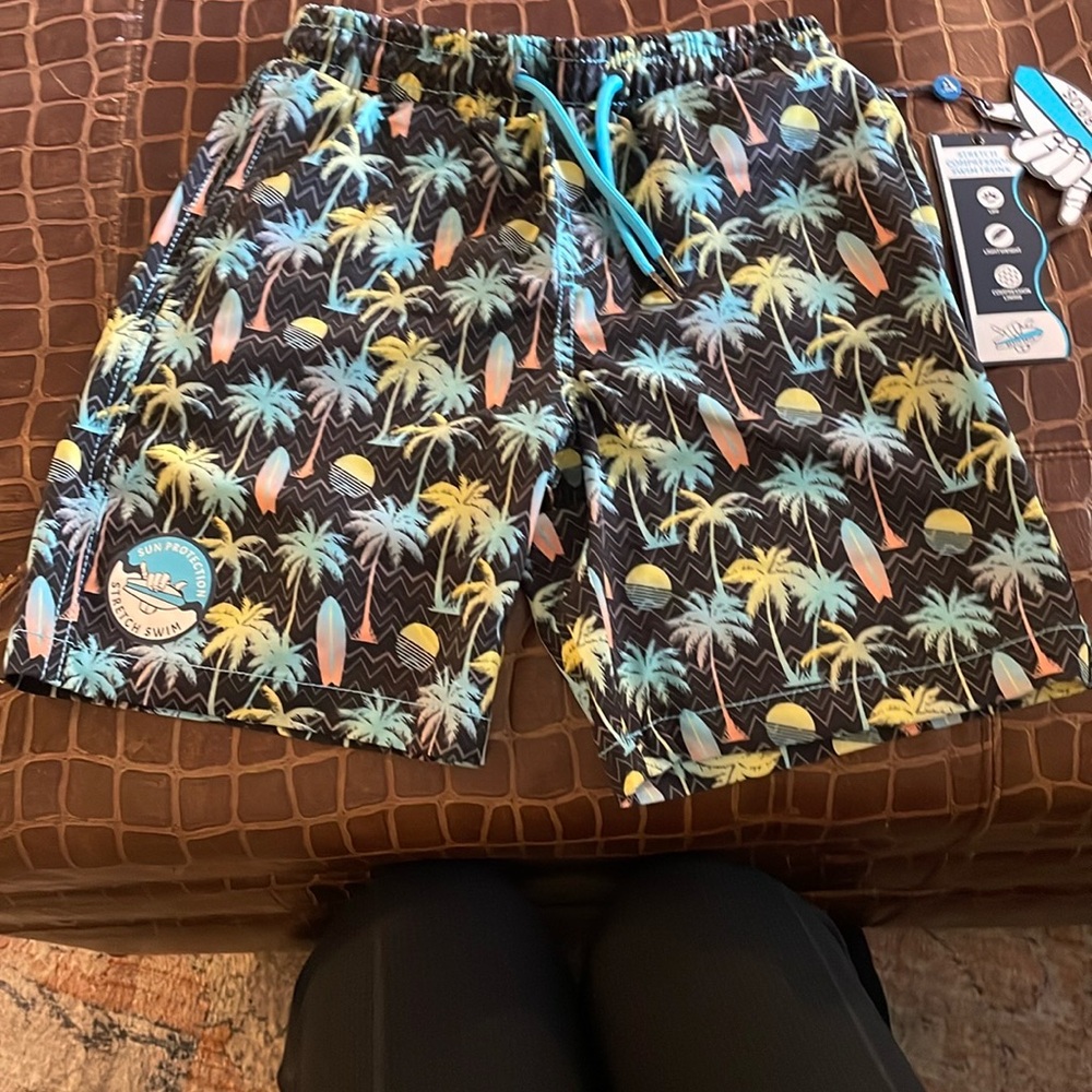 Blue and Yellow Swim Trunks with Elastic Waistband